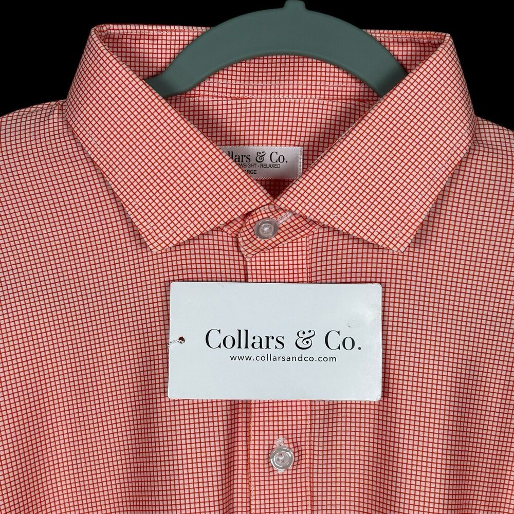 Collars & Co Polo Shirt Mens L Relaxed Neon Orange Micro Grid Check Golf NWT